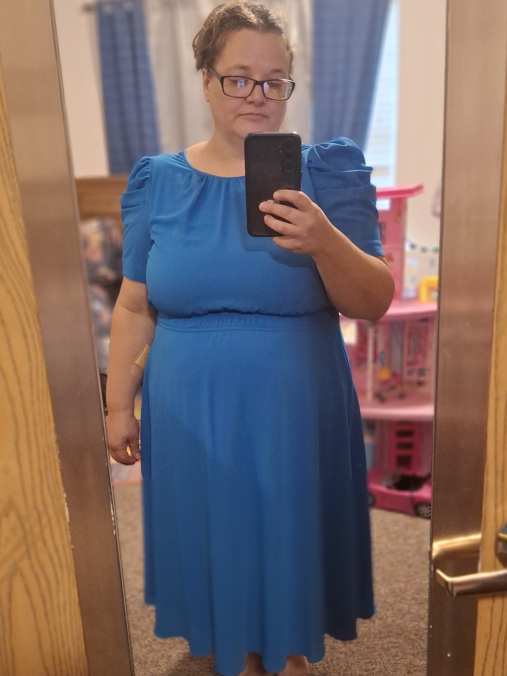 London Style Royal Blue Puff Sleeve Midi Dress